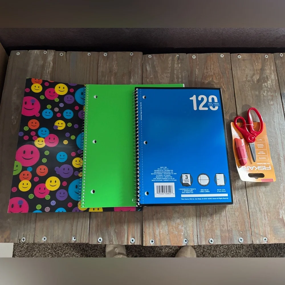 New Colorful Spiral Notebooks, happy face 3 ring binder and Scissors Set